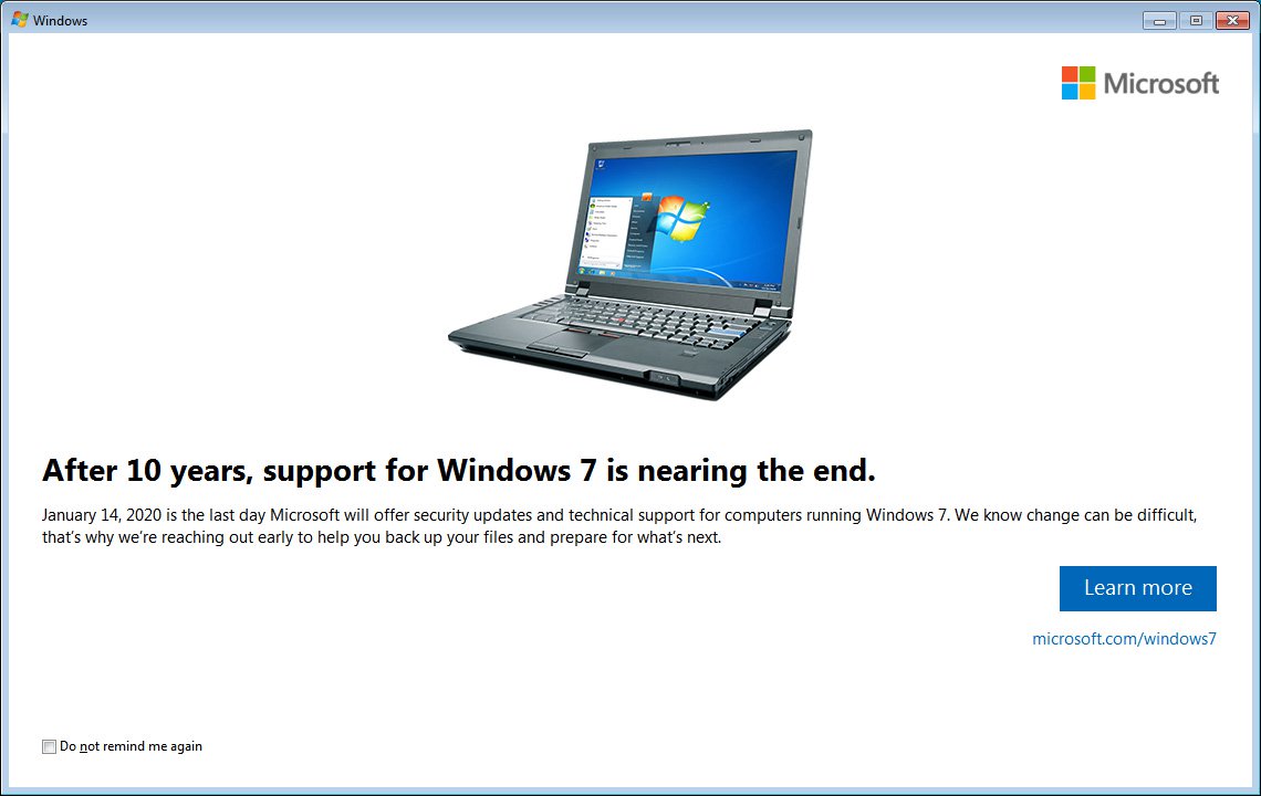 Windows 7 用户已开始收到停止支持的提醒