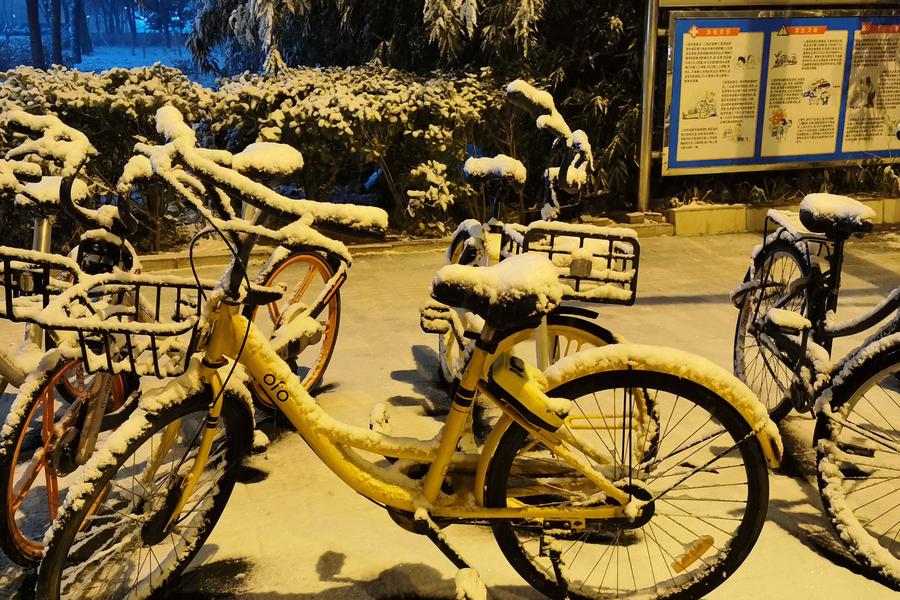 共享单车 ofo 摩拜美团雪天夜晚，共享单车,ofo 单车，摩拜出行