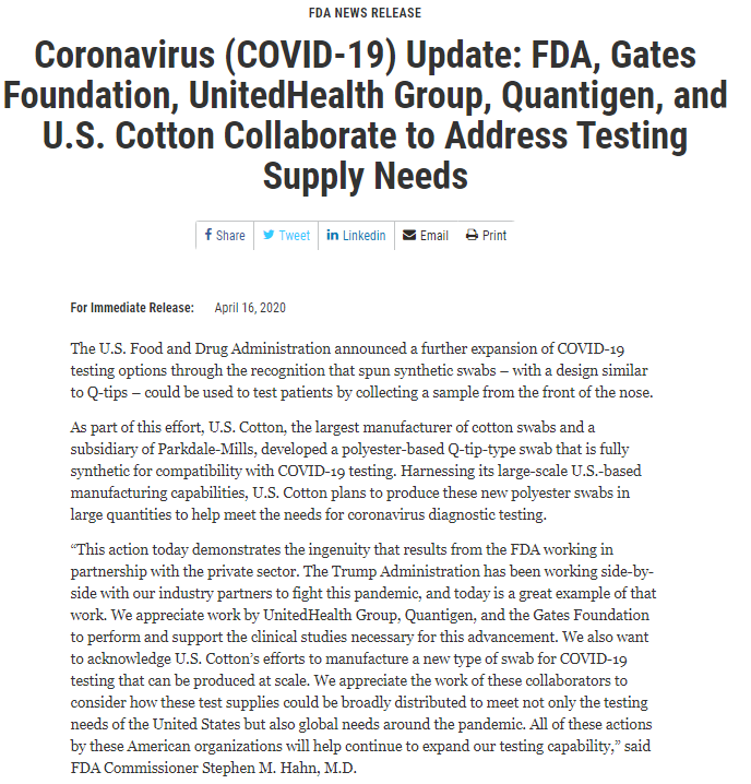 FDA： 全新Q-tip型棉签可降低新冠病毒检测风险
