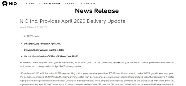 蔚来2020年4月共交付3155辆汽车 环比增长105.8%