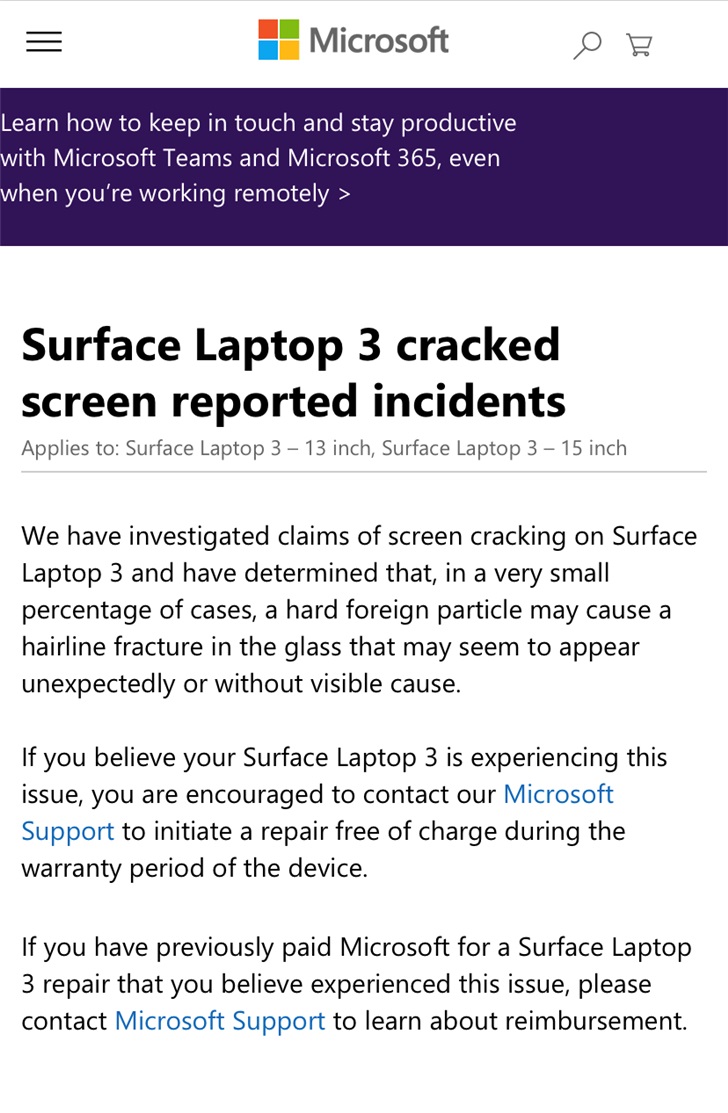 Surface Laptop 3屏幕开裂，微软给出解决办法：免费换屏！