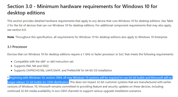 微软正式淘汰32位Windows 10：OEM必须预装64位版本