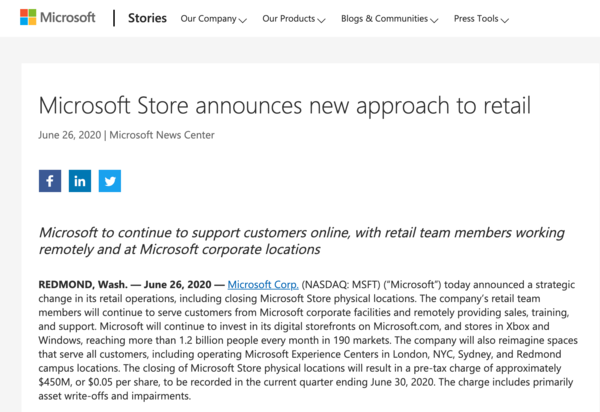 微软宣布永久关闭全球实体零售店：仅留四家用于体验
