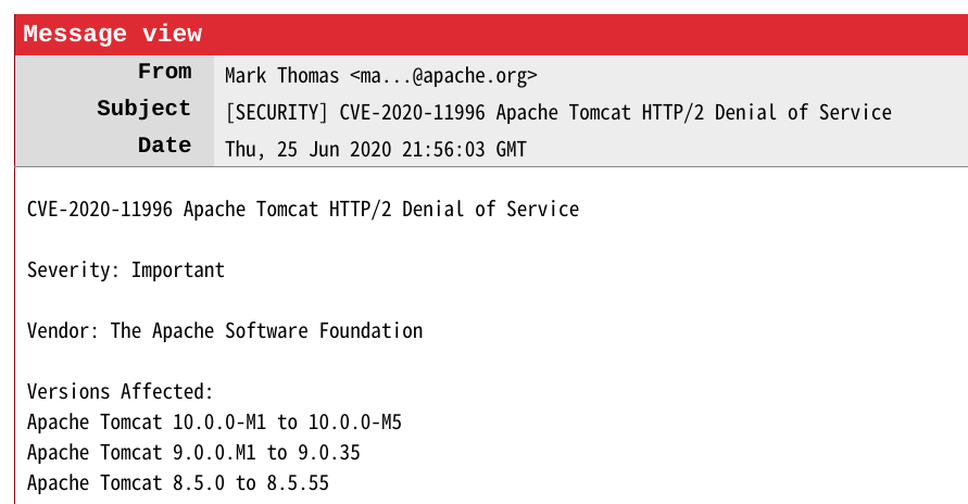 Apache Tomcat HTTP/2 DoS 漏洞，影响多个版本