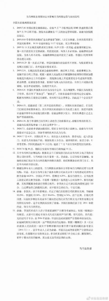 当当法务部：李国庆只是小股东，离婚也不能5:5分