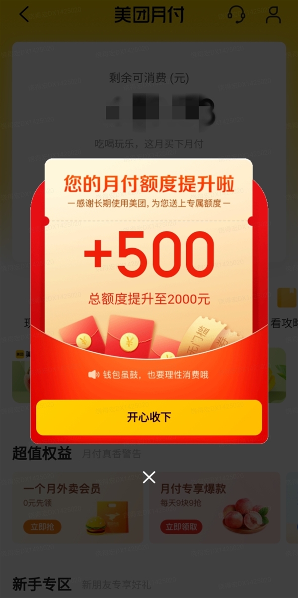 总额 50 亿！美团月付首次大面积提额：几百至一两千元不等