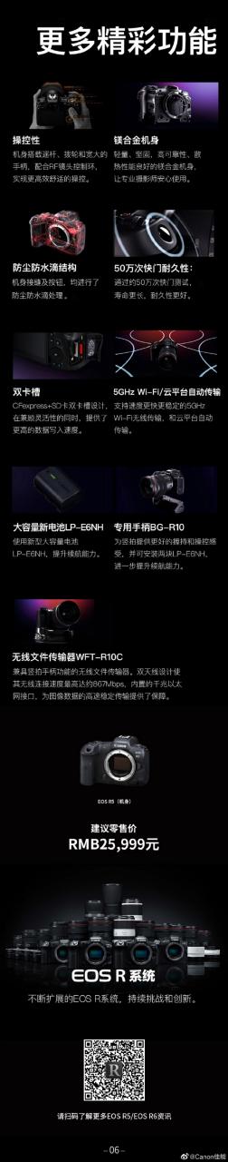 佳能发布EOS R5全画幅专微相机：首发8K录制、售价25999元