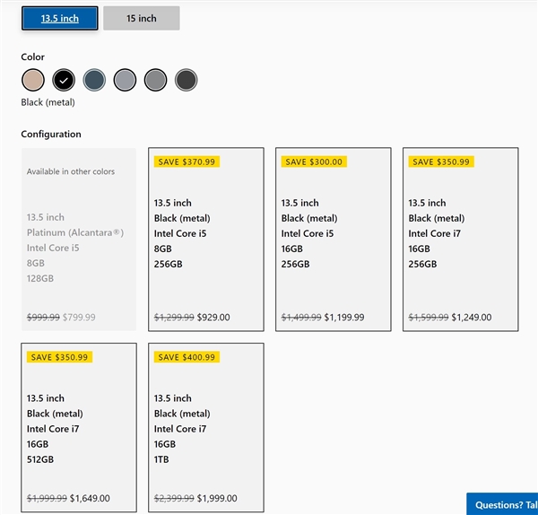 微软Surface Laptop 3官降：最大优惠约2800元
