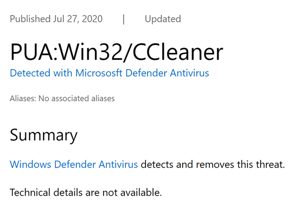 微软整治清理工具CCleaner：Windows Defender标记有害且直接拦截