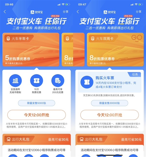 支付宝火车“随心乘”今天开抢：一人开卡全家可用