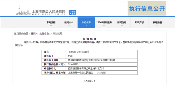 贾跃亭妻子甘薇被限制出境：涉及执行金额5.3亿元