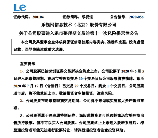 乐视退发布公告：退市整理期已交易29个工作日 剩余1个交易日