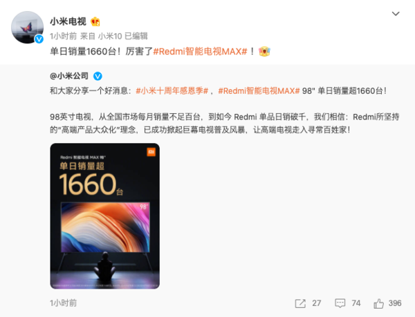 Redmi智能电视MAX单日销量1660台