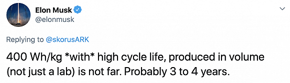 马斯克：特斯拉有望在3到4年内批量生产400Wh/kg电池-冯金伟博客园