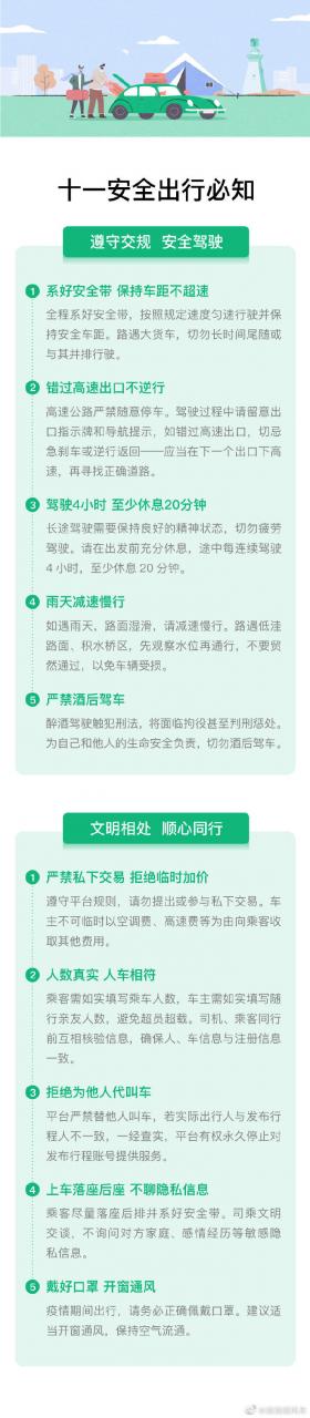 滴滴顺风车发布十一安全出行须知 拒绝临时加价问题