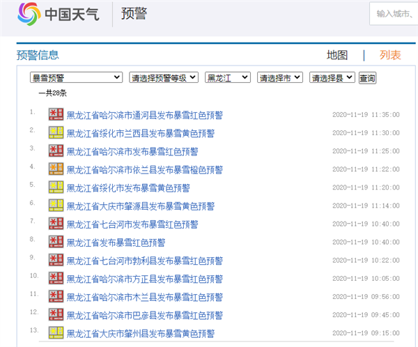 北方大棉袄 南方穿短袖：黑龙江连发20个暴雪预警