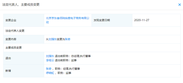刘强东不再担任京东旗下电商公司法定代表人