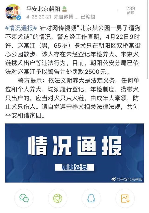 男子遛狗不拴绳被罚款2500元：5月1日起新规遛狗不系绳违法