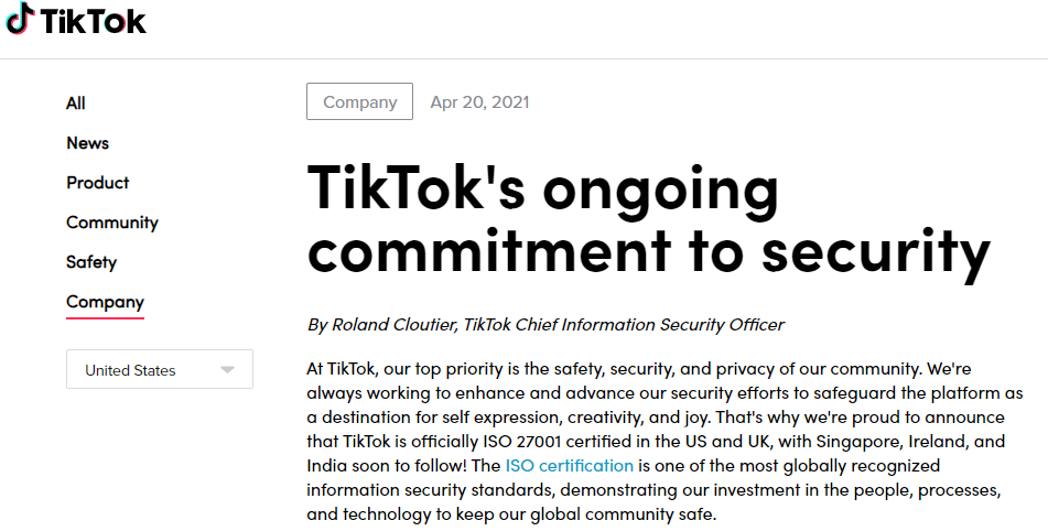 TikTok在英美正式获得ISO 27001信息安全标准认证