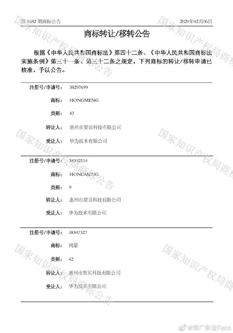 消息称华为获得“鸿蒙”商标转让-冯金伟博客园