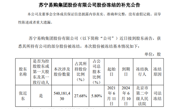 股份被冻结 股价创8年新低 苏宁向法院提出执行异议