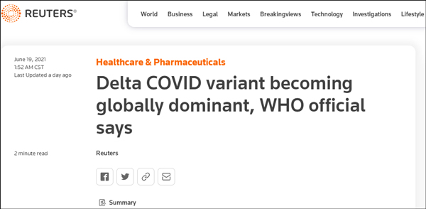 世卫：Delta变异株正成为主要流行病毒株，已扩散至超80国
