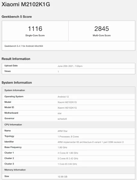 小米骁龙888旗舰现身GeekBench：运行Android 12