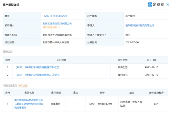 国民品牌汇源果汁没落：被申请破产