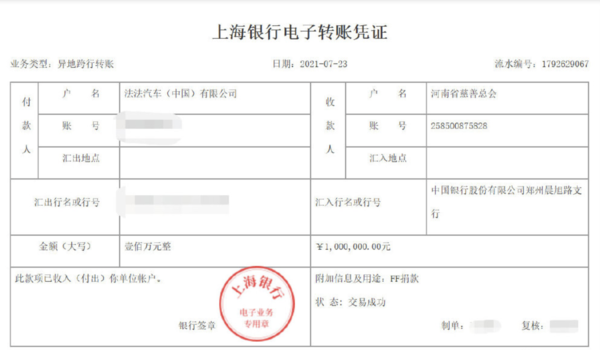 已到账！法拉第未来成功上市 宣布向河南捐赠100万元