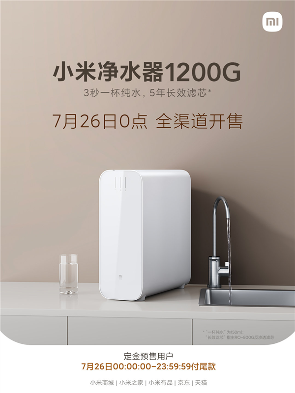 首创双RO过滤！小米净水器1200G明日开售：到手2999元