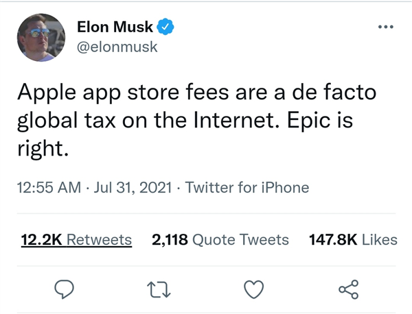 马斯克力挺Epic：苹果App Store佣金就是全球互联网税