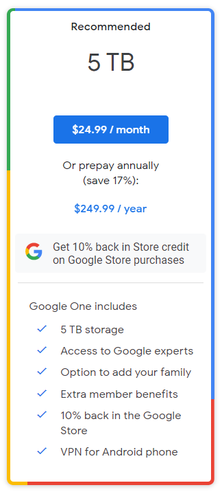 Google One网盘新增5TB：每年1610元