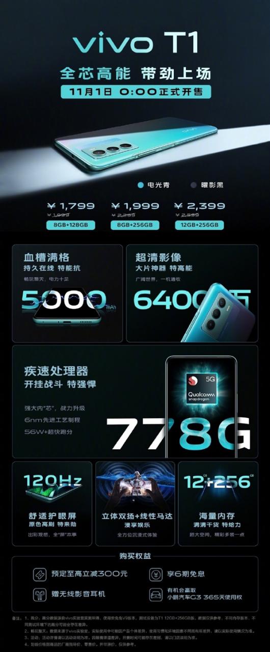 骁龙778G+120Hz高刷 vivo T1手机发布：到手1799元起