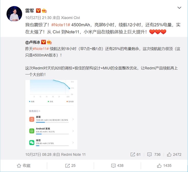 Redmi Note 11系列续航实在太强 雷军感到惊讶