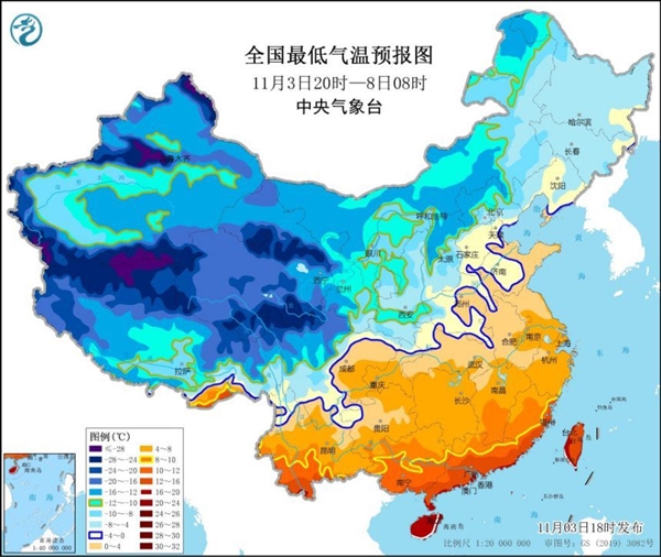 天气预报图冷到发紫 寒潮黄色预警来了：局部降温高达16℃以上