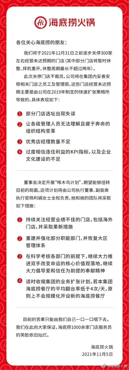 关停近300家门店 海底捞：苦果只能一口一口咽下去