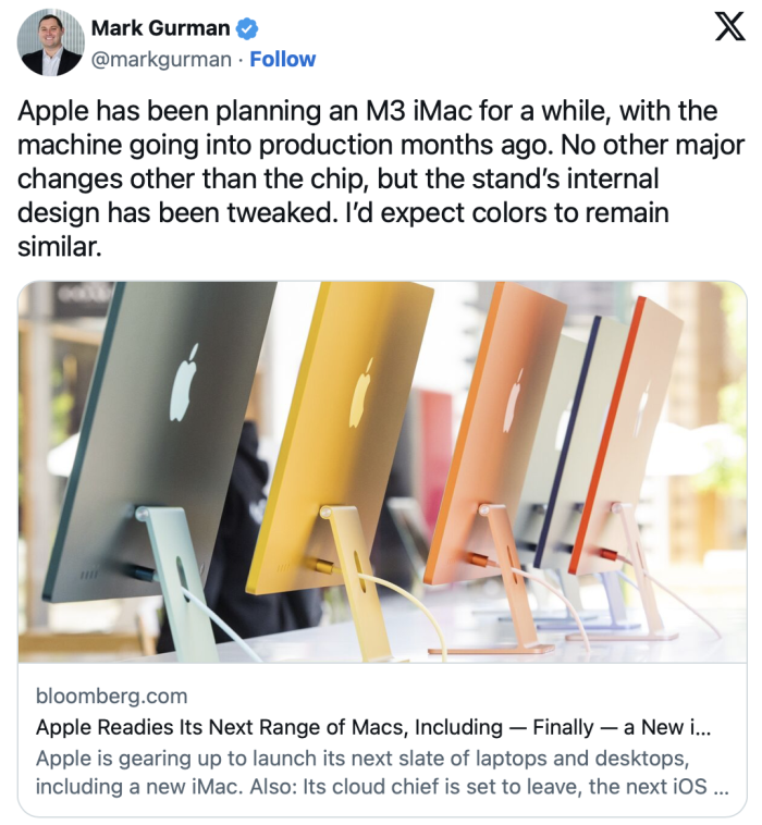 古尔曼：搭载 M3 的 24 寸 iMac 将亮相苹果发布会，内部结构有所调整