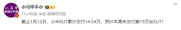 小米SU7预计本周末交付第15万台！今年目标为30万台